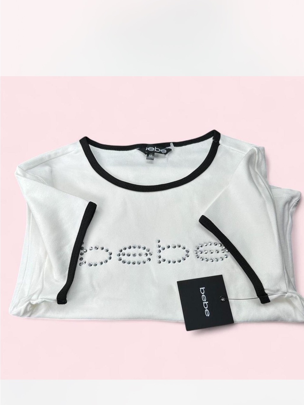 bebe White Short Sleeve Tee with Black Trim and Rhinestone Logo